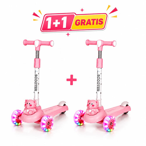 1+1 GRATIS Trotinetă pentru Copii cu Lumini LED, 3 Roți Ghidon Reglabil, Sunete Muzicale și Frână Spate cu Ursuleț, Antiderapantă, Stabilă și Ușoară, Roz, 2-8 Ani