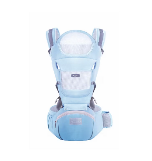 Marsupiu bebe, Ergonomic, AT PERFORMANCE®, Multifunctional, Purtare copil in fata sau in spate, Cu sezut, purtare pe sold sau pe umeri, 0-36 luni, Bumbac, 12 Pozitii, albastru deschis