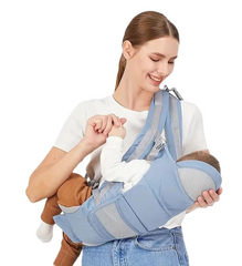 Marsupiu bebe, Ergonomic, AT PERFORMANCE®, Multifunctional, Purtare copil in fata sau in spate, Cu sezut, purtare pe sold sau pe umeri, 0-36 luni, Bumbac, 12 Pozitii, albastru deschis - Imagine 3