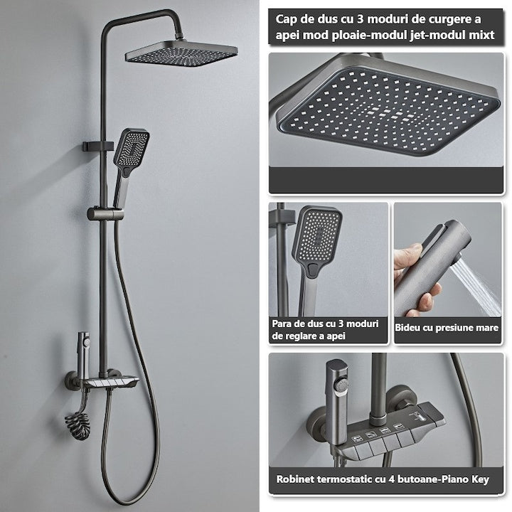 Coloana de dus piano style XPD, Set dus baie cu suport culisant, dus fix, para de dus mobila, baterie dus, 3 moduri de curgere a apei, bideu, robinet termostatic, sistem de control al apei, design modern culoare Crom