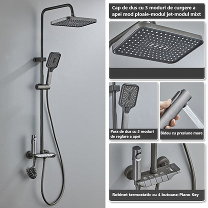 Coloana de dus piano style XPD, Set dus baie cu suport culisant, dus fix, para de dus mobila, baterie dus, 3 moduri de curgere a apei, bideu, robinet termostatic, sistem de control al apei, design modern culoare Crom