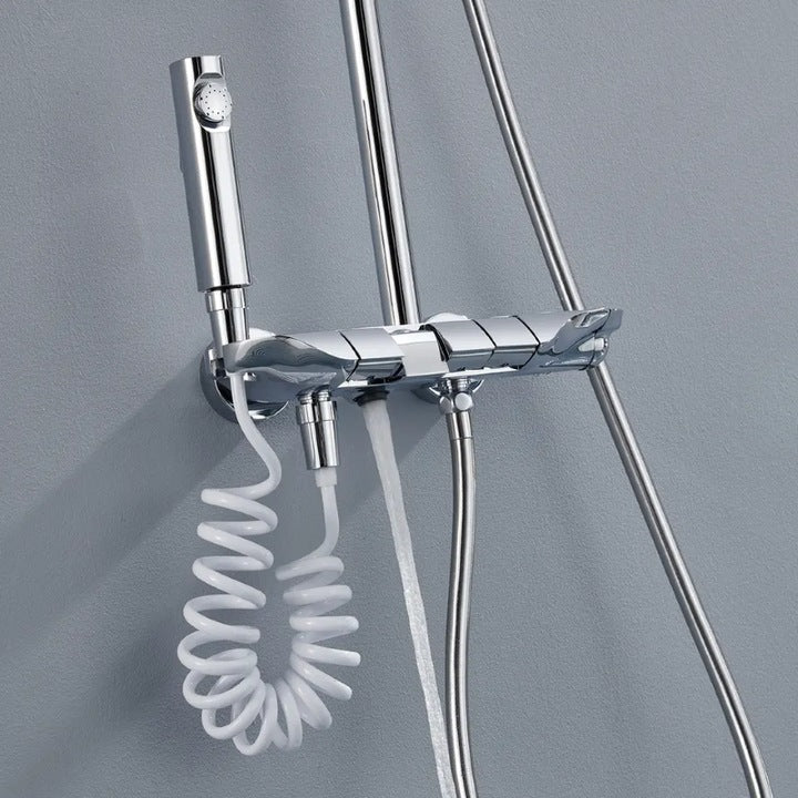 Coloana de dus piano style XPD, Set dus baie cu suport culisant, dus fix, para de dus mobila, baterie dus, 3 moduri de curgere a apei, bideu, robinet termostatic, sistem de control al apei, design modern culoare Crom