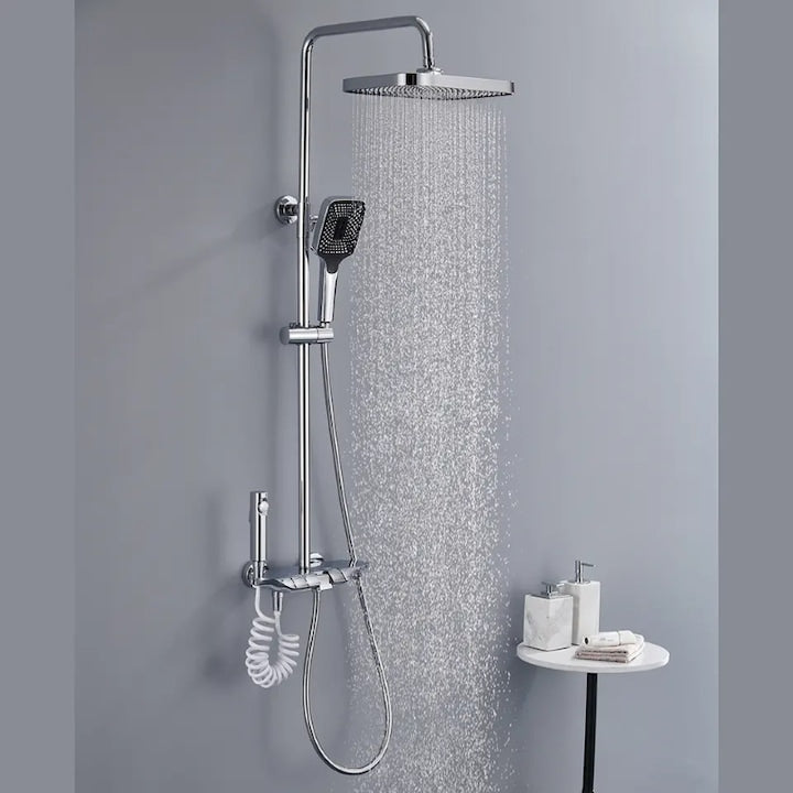 Coloana de dus piano style XPD, Set dus baie cu suport culisant, dus fix, para de dus mobila, baterie dus, 3 moduri de curgere a apei, bideu, robinet termostatic, sistem de control al apei, design modern culoare Crom