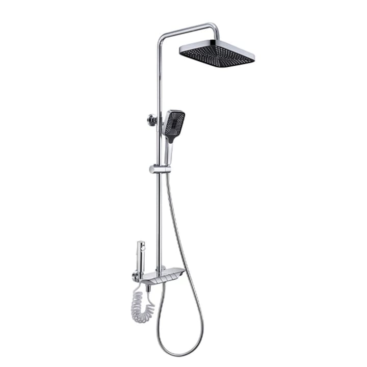Coloana de dus piano style XPD, Set dus baie cu suport culisant, dus fix, para de dus mobila, baterie dus, 3 moduri de curgere a apei, bideu, robinet termostatic, sistem de control al apei, design modern culoare Crom