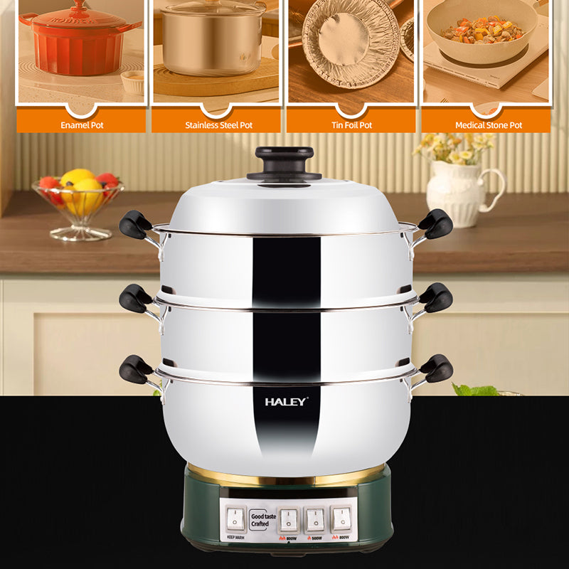 Vas Electric Multifuncțional HALEY HY-501, 2100W, Inox Premium cu Abur pe Două Nivele, Ideal pentru Gătit Sănătos Acasă sau la Hotel - Imagine 10