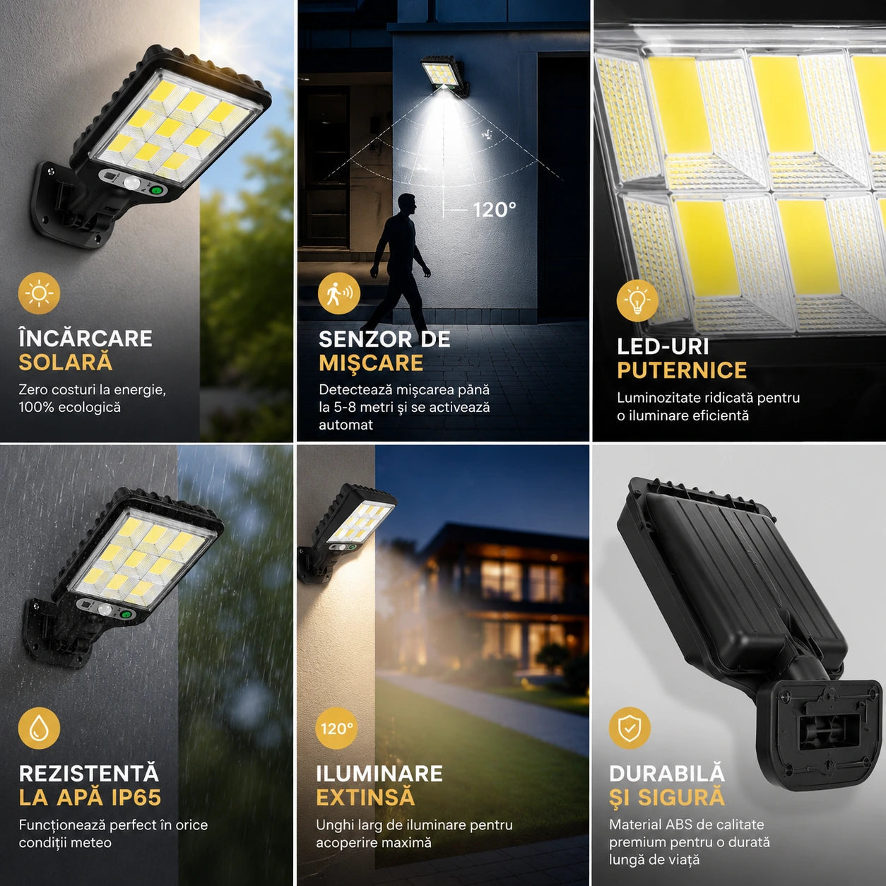 4+1 GRATIS Lampă Solară Dasgut 160W cu 80 LED COB, 3500 Lumeni, 9 Celule, Senzor de Mișcare și Inducție, Telecomandă, 3 Moduri de Iluminare, IP65, Autonomie până la 10 Ore