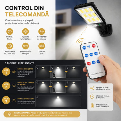 4+1 GRATIS Lampă Solară Dasgut 160W cu 80 LED COB, 3500 Lumeni, 9 Celule, Senzor de Mișcare și Inducție, Telecomandă, 3 Moduri de Iluminare, IP65, Autonomie până la 10 Ore