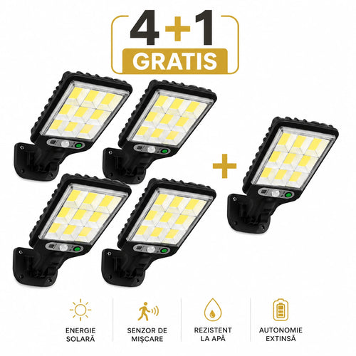 4+1 GRATIS Lampă Solară Dasgut 160W cu 80 LED COB, 3500 Lumeni, 9 Celule, Senzor de Mișcare și Inducție, Telecomandă, 3 Moduri de Iluminare, IP65, Autonomie până la 10 Ore