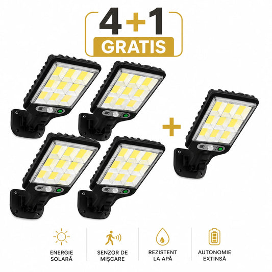 4+1 GRATIS Lampă Solară Dasgut 160W cu 80 LED COB, 3500 Lumeni, 9 Celule, Senzor de Mișcare și Inducție, Telecomandă, 3 Moduri de Iluminare, IP65, Autonomie până la 10 Ore