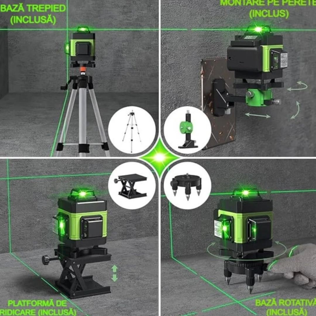 Nivela Laser 4D cu 16 Linii, Autonivelare, 2 Acumulatori, Lumina Verde, Trepied 150 cm Telecomandă, Platformă Ridicare, Profesională