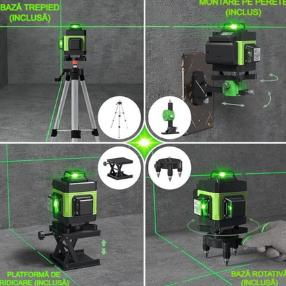 Nivela Laser 4D cu 16 Linii, Autonivelare, 2 Acumulatori, Lumina Verde, Trepied 150 cm Telecomandă, Platformă Ridicare, Profesională