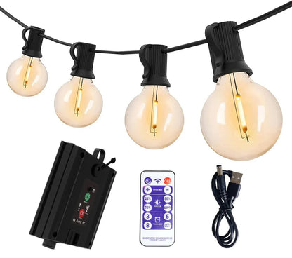 Ghirlanda Luminoasa solara Lumina Alb calda, 4 Moduri de Iluminare, 25M, Interconectabila, Becuri LED cu filament G40, Telecomanda inclusa, IP65, Autonomie Mare