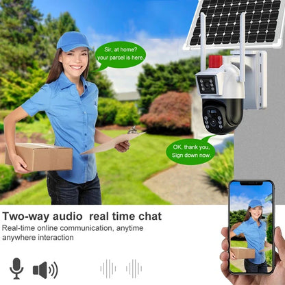 Camera de supraveghere 4G, Cu Panou Solar, 2 camere video integrate, 6MP, Full HD 4K, exterior/Interior 10X zoom, procesor AI, rotire rapida din aplicatie, 2 lentile, vedere nocturna color, senzor de miscare, lumina LED, inteligenta de urmarire,IP66