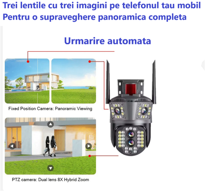 Camera Tripla de Supraveghere 8MP, Conexiune 4G si cablu de retea, 3 camere video integrate, 4 Lentile, 4K, Vedere Panoramica, Exterior/Interior 10X zoom, procesor AI, vedere nocturna color, senzor de miscare, lumina LED, inteligenta de urmarire