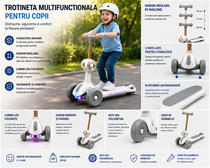 Trotineta pentru Copii cu 3 Roti, Scaun Detasabil Lumini LED Multicolore, Pliabila, Muzica, Ghidon Reglabil pe Inaltime, Platforma Antiderapanta, Design Sport, pentru Baieti si Fete