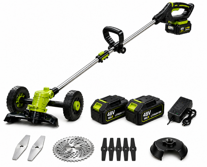 Motocoasa Electrica Cu Roti Detasabile 2X Acumulatori 48V, Autonomie 3 ore 10000 mAh, 15000 Rpm, Brat Extensibil