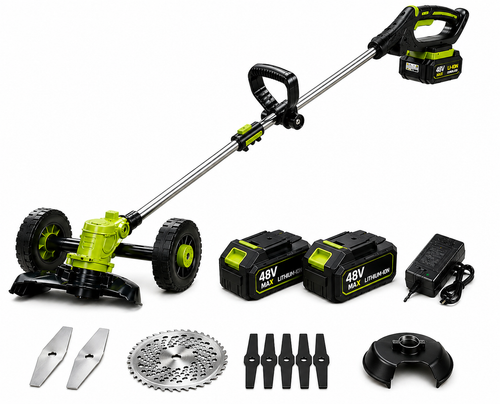 Motocoasa Electrica Cu Roti Detasabile 2X Acumulatori 48V, Autonomie 3 ore 10000 mAh, 15000 Rpm, Brat Extensibil