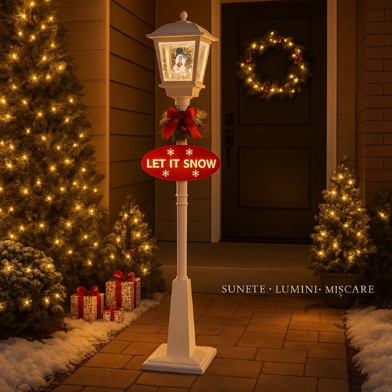 Felinar Decorativ de Crăciun cu Efect de Zăpadă și Mesaj Merry Christmas, 180x40x40 cm iluminat LED, pentru Interior si exterior, Alb