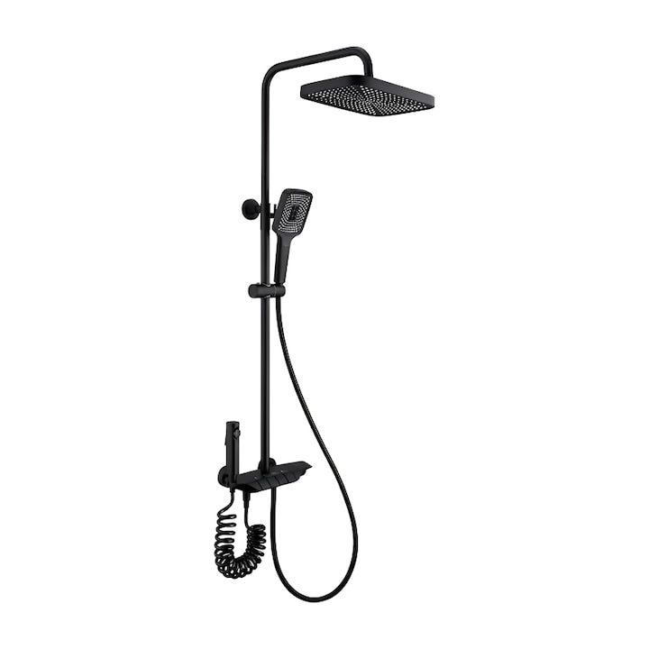Coloana de dus piano style XPD, Set dus baie cu suport culisant, dus fix, para de dus mobila, baterie dus, 3 moduri de curgere a apei, bideu, robinet termostatic, sistem de control al apei, design modern Negru