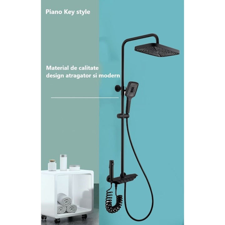 Coloana de dus piano style XPD, Set dus baie cu suport culisant, dus fix, para de dus mobila, baterie dus, 3 moduri de curgere a apei, bideu, robinet termostatic, sistem de control al apei, design modern Negru