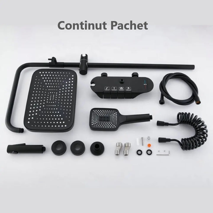 Coloana de dus piano style XPD, Set dus baie cu suport culisant, dus fix, para de dus mobila, baterie dus, 3 moduri de curgere a apei, bideu, robinet termostatic, sistem de control al apei, design modern Negru