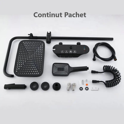 Coloana de dus piano style XPD, Set dus baie cu suport culisant, dus fix, para de dus mobila, baterie dus, 3 moduri de curgere a apei, bideu, robinet termostatic, sistem de control al apei, design modern Negru