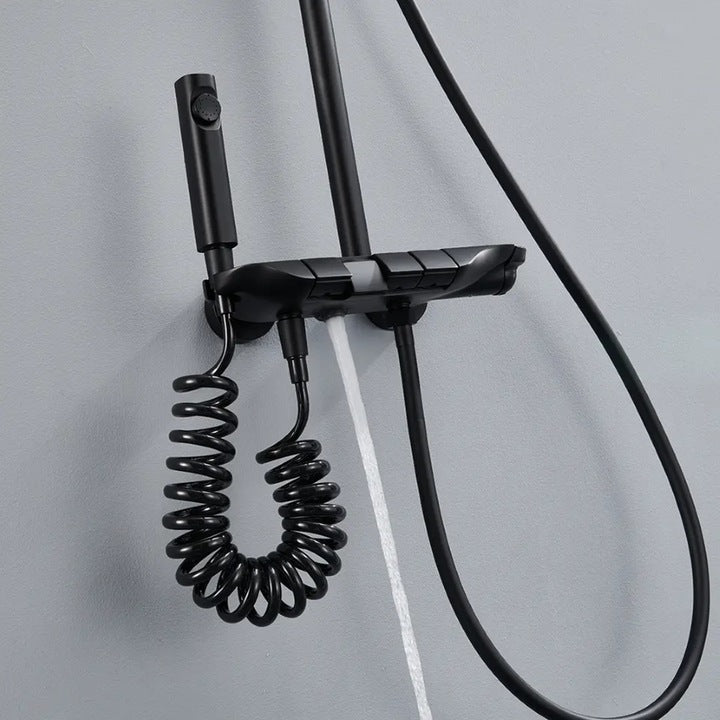 Coloana de dus piano style XPD, Set dus baie cu suport culisant, dus fix, para de dus mobila, baterie dus, 3 moduri de curgere a apei, bideu, robinet termostatic, sistem de control al apei, design modern Negru