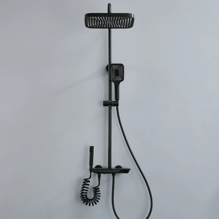 Coloana de dus piano style XPD, Set dus baie cu suport culisant, dus fix, para de dus mobila, baterie dus, 3 moduri de curgere a apei, bideu, robinet termostatic, sistem de control al apei, design modern Negru