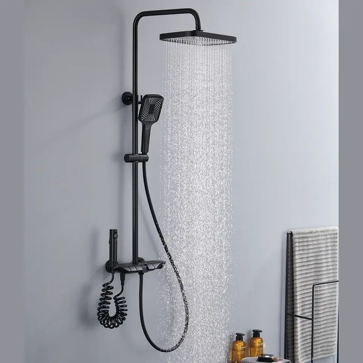Coloana de dus piano style XPD, Set dus baie cu suport culisant, dus fix, para de dus mobila, baterie dus, 3 moduri de curgere a apei, bideu, robinet termostatic, sistem de control al apei, design modern Negru