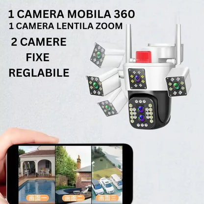 Camera de supraveghere Tripa cu 4 Lentile WIFI Ultra HD 12MP 6K, 2 Camere fixe reglabile si una mobila, rotire din aplicatie 360 grade, Vedere color noaptea, audio bidirectional, Detectare umana, Procesor AI, Rezistenta IP66, Acoperire Panoramică