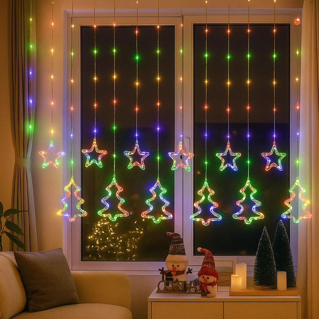 Instalație Luminoasă Crăciun Multicolor cu 12 Fire, Stele si Braduti LED, Decor Interior pentru Brad sau Fereastră