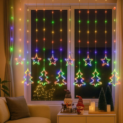 Instalație Luminoasă Crăciun Multicolor cu 12 Fire, Stele si Braduti LED, Decor Interior pentru Brad sau Fereastră