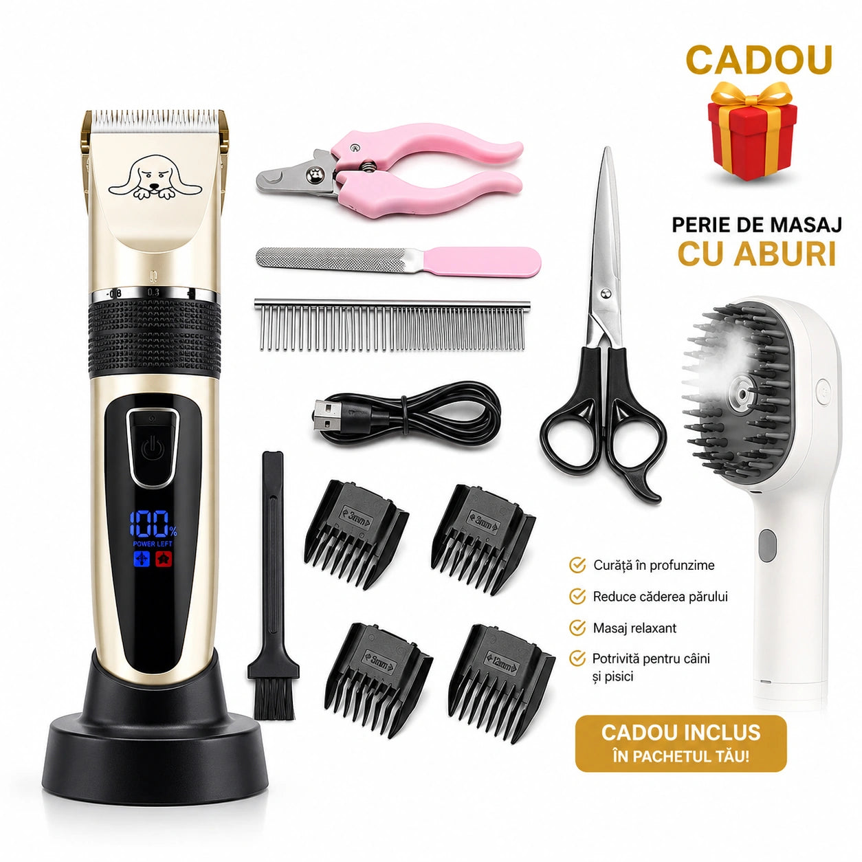 Aparat de Tuns Animale Caini si Pisici cu Acumulator, 8 în 1, 6800RPM, 1800mAh, Set Complet Pentru ingrijire