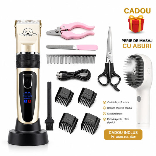 Aparat de Tuns Animale Caini si Pisici cu Acumulator, 8 în 1, 6800RPM, 1800mAh, Set Complet Pentru ingrijire