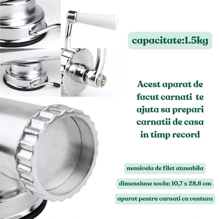 Aparat pentru umplut carnati si Lebar, din aluminiu, orizontal, 2.5 kg Cu Ventuza + Clema De Masa, 3 Palnii 15/19/22 mm, Manual