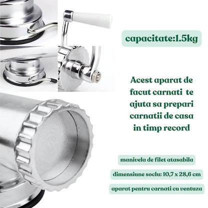 Aparat pentru umplut carnati si Lebar, din aluminiu, orizontal, 2.5 kg Cu Ventuza + Clema De Masa, 3 Palnii 15/19/22 mm, Manual