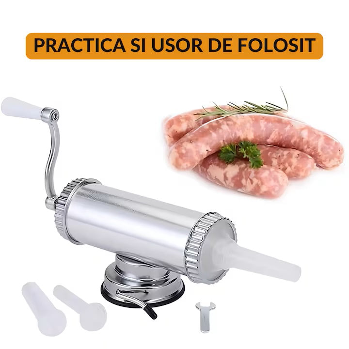 Aparat pentru umplut carnati si Lebar, din aluminiu, orizontal, 2.5 kg Cu Ventuza + Clema De Masa, 3 Palnii 15/19/22 mm, Manual