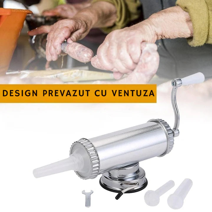 Aparat pentru umplut carnati si Lebar, din aluminiu, orizontal, 2.5 kg Cu Ventuza + Clema De Masa, 3 Palnii 15/19/22 mm, Manual
