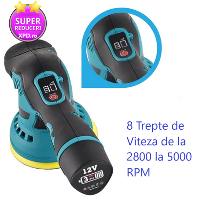 Aparat Polish Auto Profesional cu 2 Acumulatori 12V, 8 Viteze, 2500–5000 RPM, Orbital pentru Detailing