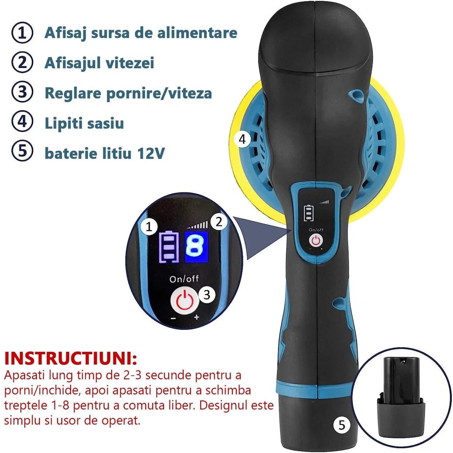 Aparat Polish Auto Profesional cu 2 Acumulatori 12V, 8 Viteze, 2500–5000 RPM, Orbital pentru Detailing