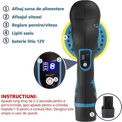 Aparat Polish Auto Profesional cu 2 Acumulatori 12V, 8 Viteze, 2500–5000 RPM, Orbital pentru Detailing