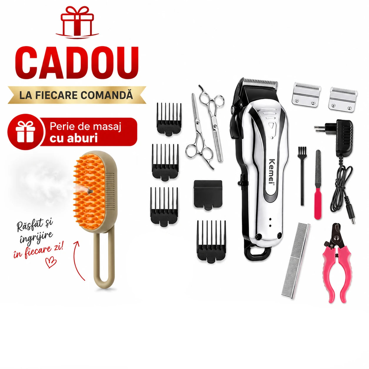 Aparat Profesional de Tuns Animale cu Acumulator DASGUT , 8 în 1, 12W, 7000RPM, Set Complet Pentru ingrijire