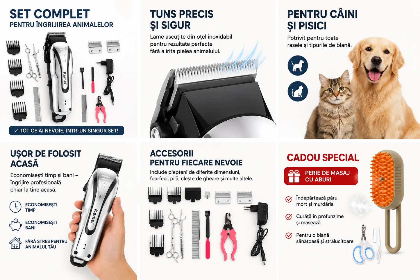 Aparat Profesional de Tuns Animale cu Acumulator DASGUT , 8 în 1, 12W, 7000RPM, Set Complet Pentru ingrijire