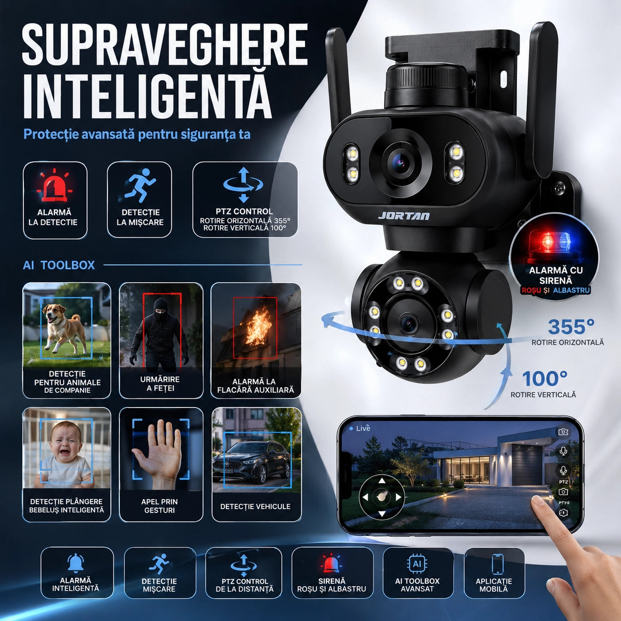 Cameră de Supraveghere WiFi JORTAN Pro 8MP Dual Lens, 4K Rotire 360°, Vedere Nocturnă Color, inteligenta de urmarire, Audio Bidirecțional, Alarmă Sirenă, Detectare Mișcare, IP66, Card 32GB Si Cablu 5M Cadou