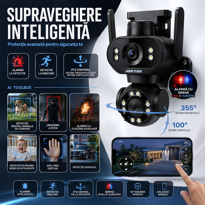 Cameră de Supraveghere WiFi JORTAN Pro 8MP Dual Lens, 4K Rotire 360°, Vedere Nocturnă Color, inteligenta de urmarire, Audio Bidirecțional, Alarmă Sirenă, Detectare Mișcare, IP66, Card 32GB Si Cablu 5M Cadou