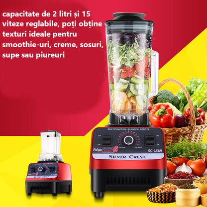 Blender Profesional 2L, 2000W, 15 Trepte de Viteză, 2 în 1, Funcție Autocurățare, Mixare Rapidă