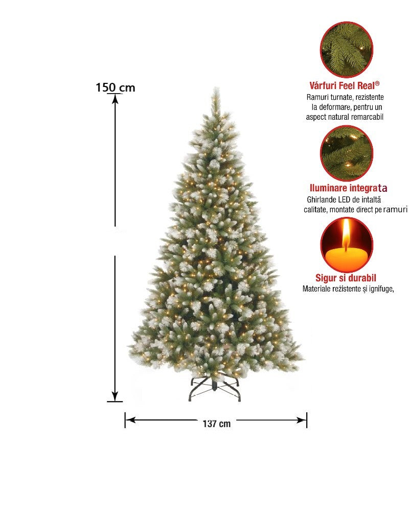 Brad Artificial de Craciun 150cm 3D Royal Premium, Varfuri albe, 550 Led-uri, Aspect Natural
