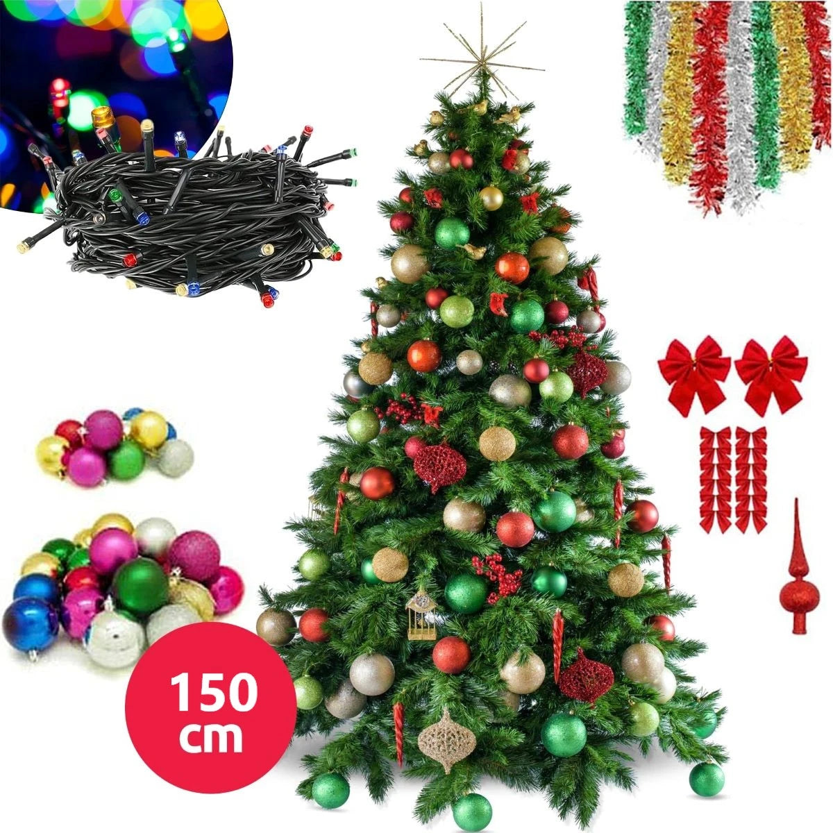 Brad Artificial de Craciun 150cm, Set Complet Cu accesorii impodobit, suport metalic inclus Aspect natural