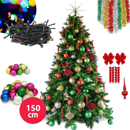 Brad Artificial de Craciun 150cm, Set Complet Cu accesorii impodobit, suport metalic inclus Aspect natural