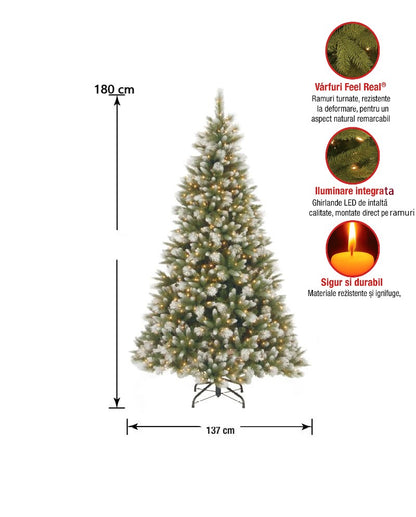 Brad Artificial de Craciun 180cm 3D Royal Premium, Varfuri albe, 550 Led-uri, Aspect Natural